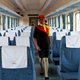 A train attendant walks inside one of the new coaches of the Standard Gauge Railway in Mombasa.